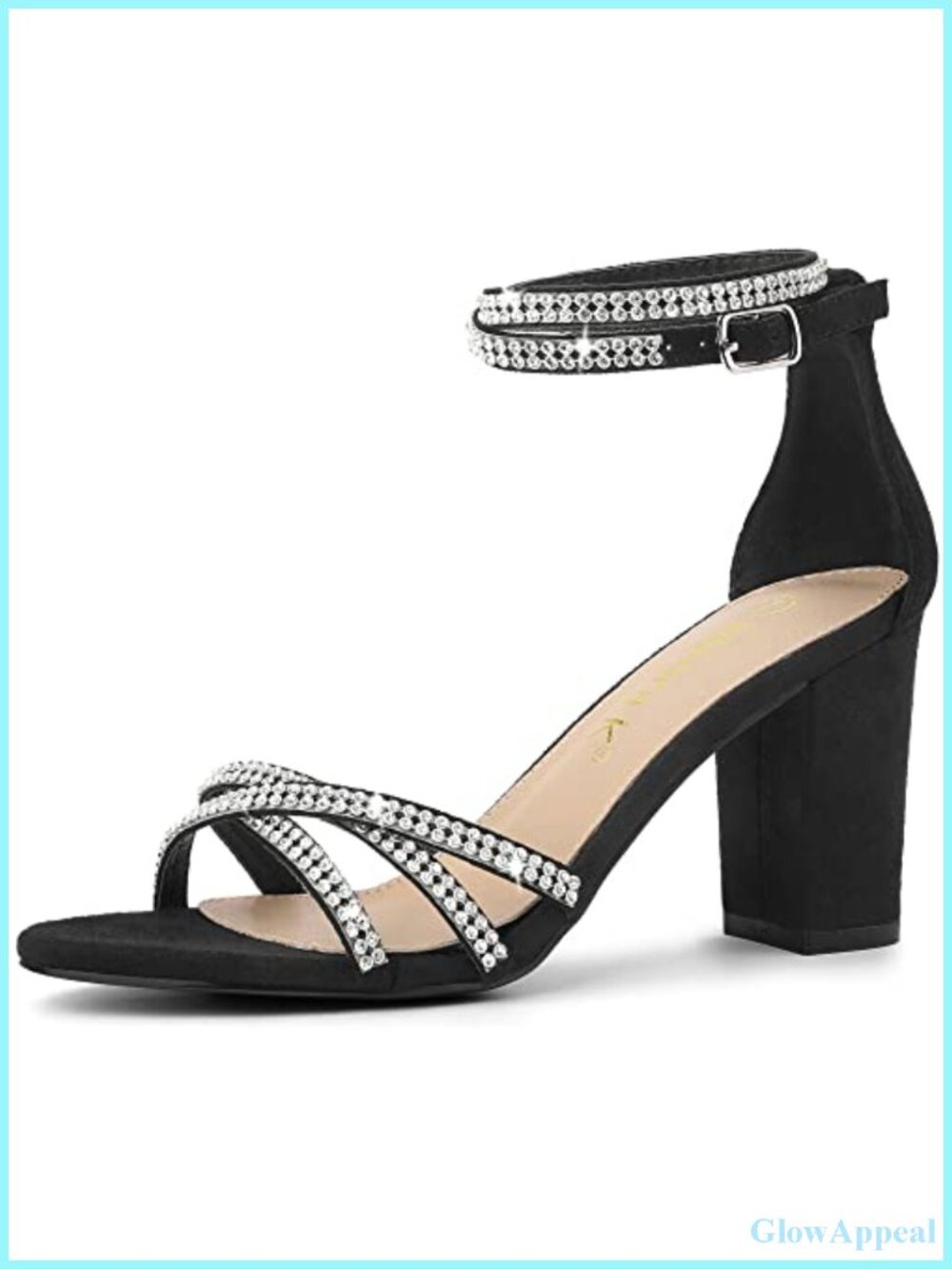Rhinestone Strappy Block Heel Sandals Faux Suede Chunky Heels